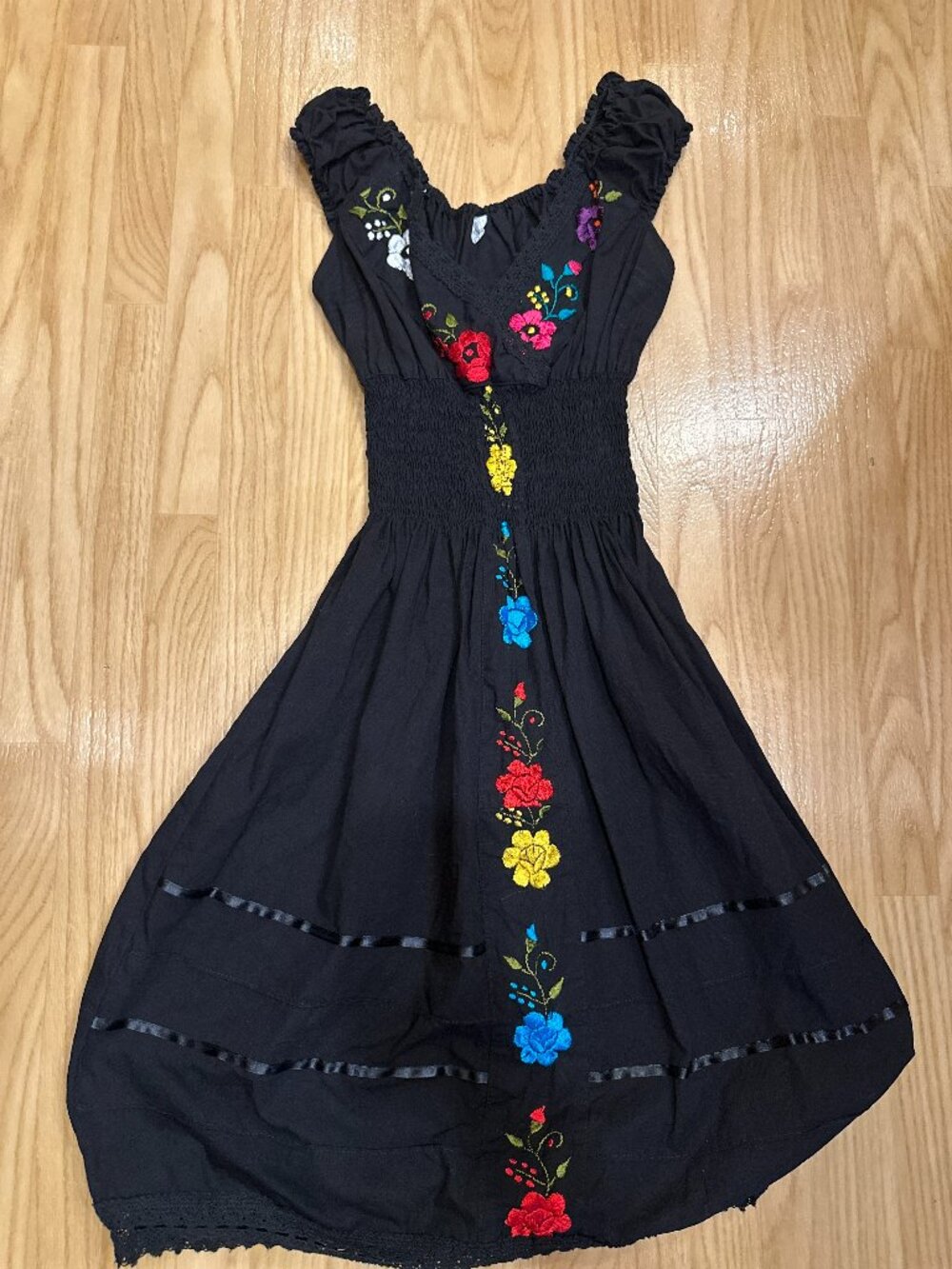 Black Embroidered Floral Folk Dress Smocked Waist Cottagecore Boho Midi